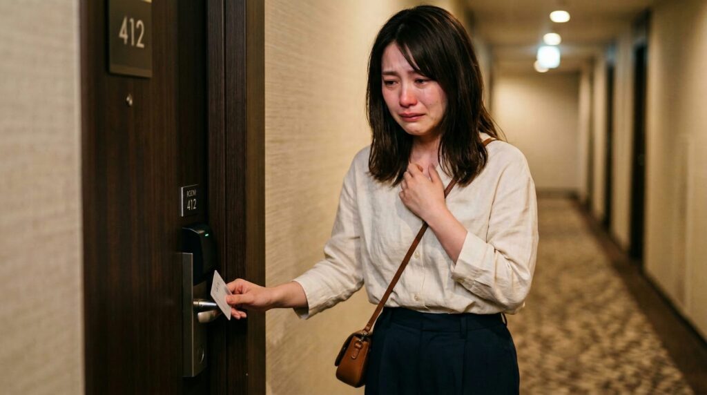 ドアの前で泣く