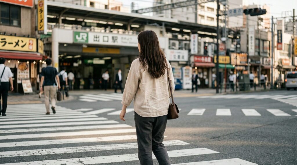 駅前の横断歩道を並んで渡る